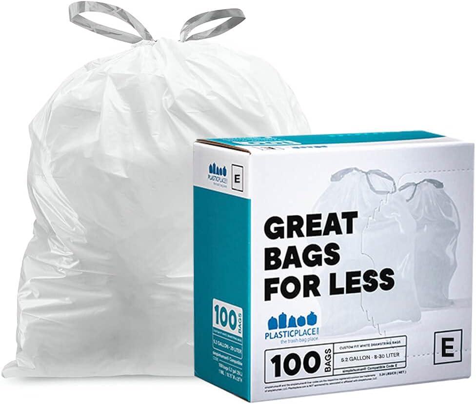 Plasticplace White Trash Bags Compatible with simplehuman Code E (100 Count) 5.2 Gallon / 20 Liter 18.75" x 20