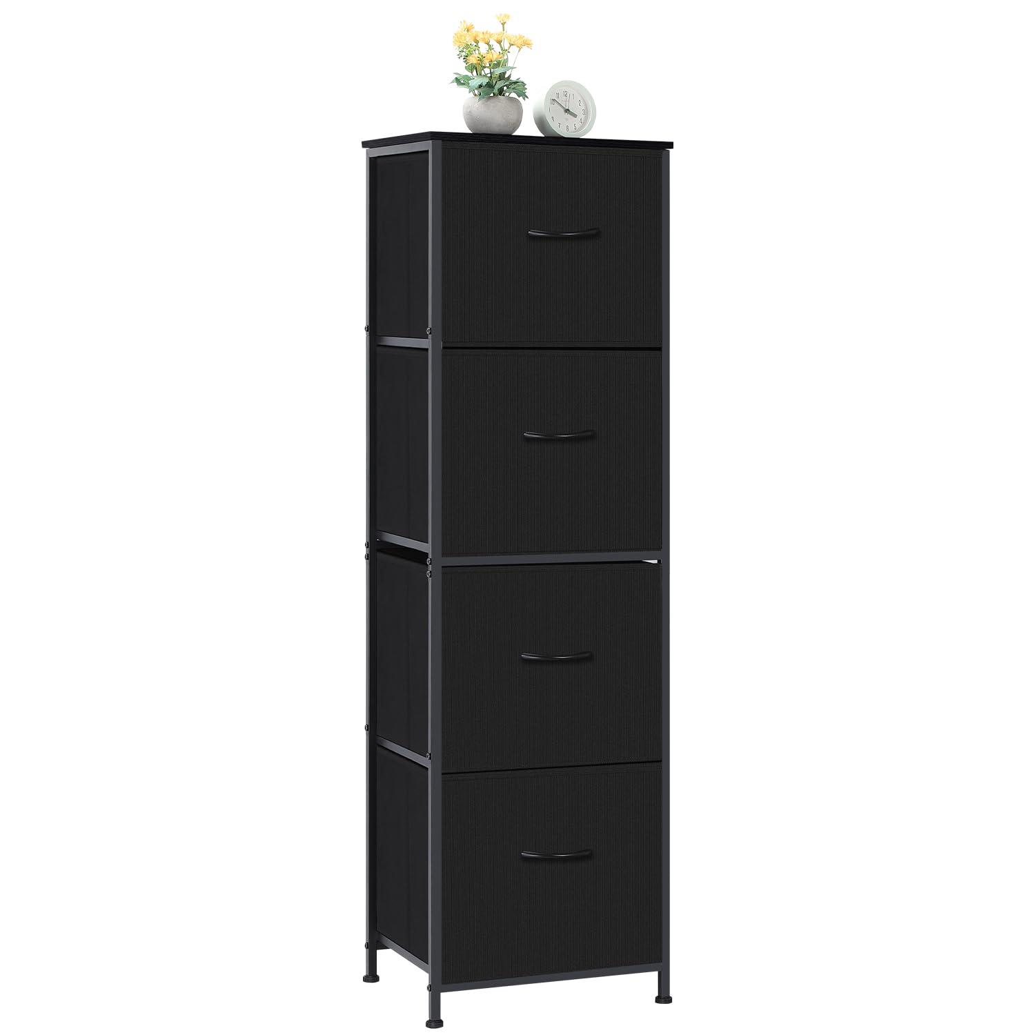 ZUNMOS 4 Drawer Fabric Dresser for Bedroom, Tall Chest of Drawer Organizer Storage Cabinet for Closet, Entryway, Black