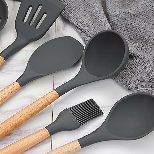 VIVAYO Silicone Cooking Utensil Kitchen Utensils Set, 12 Pieces Silicone Kitchen Utensil Wooden Handles, Kitchen Spatula Sets with Holder Spoon Turner Tongs, Gray