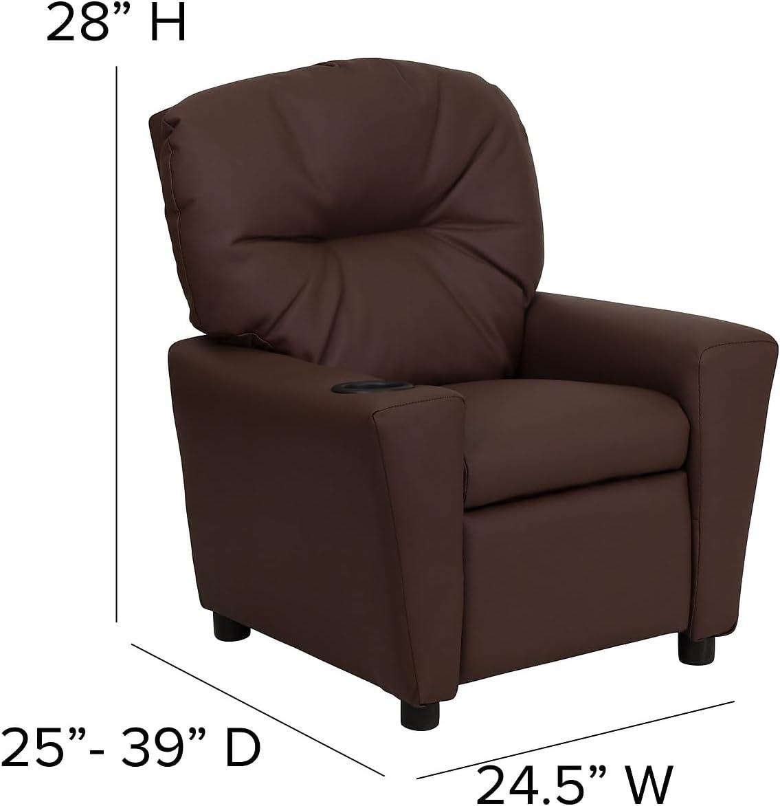 Cozy Brown LeatherSoft Kids Recliner with Built-in Cup Holder