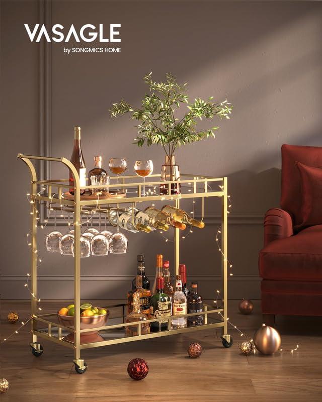VASAGLE Bar Cart Gold, Home Bar Serving Cart, Wine Cart with 2 Mirrored Shelves, Wine Holders, Glass Holders, for Kitchen, Dining Room, Gold ULRC092A62