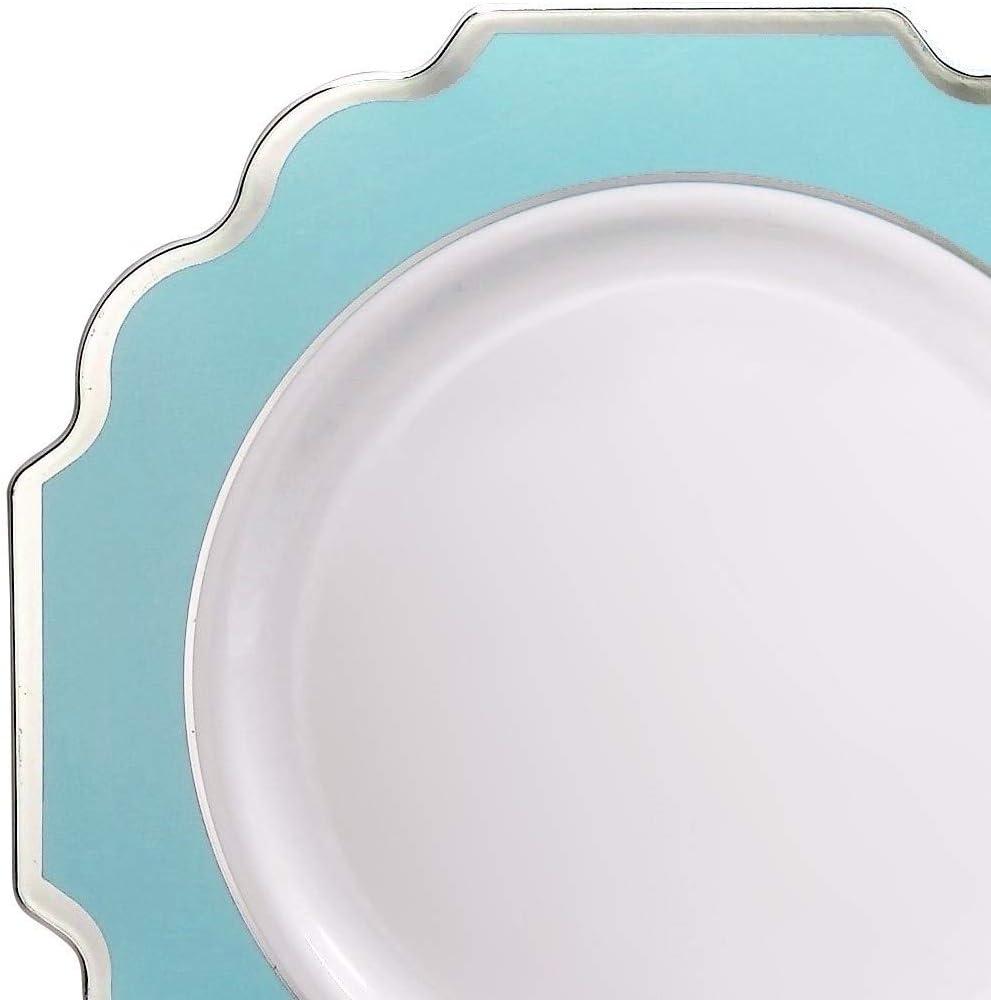 " OCCASIONS " 240 Plates Pack (120 Guests) Heavyweight Wedding Party Disposable Plastic Plates-120x10.5'' Dinner + 120x8'' Appetizer Plate (Imperial Aqua & Silver)