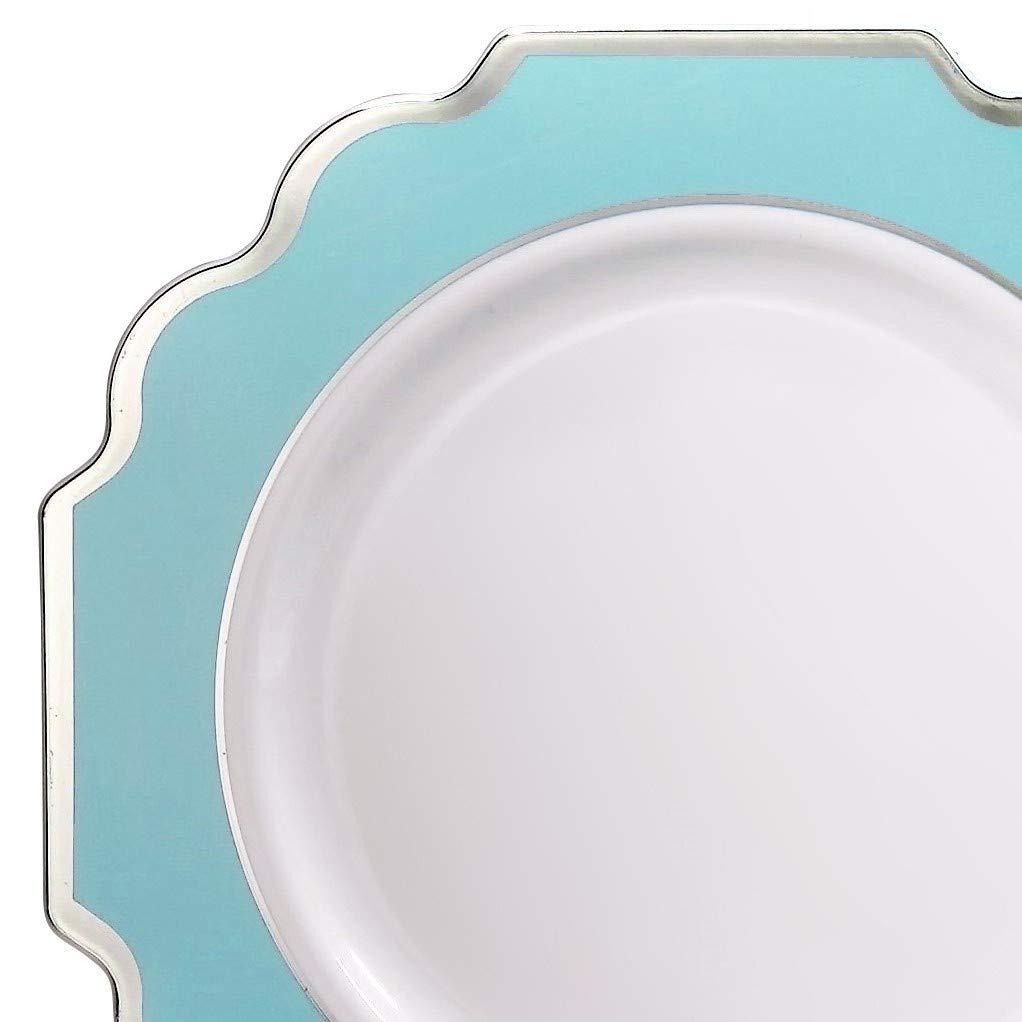 " OCCASIONS " 240 Plates Pack (120 Guests) Heavyweight Wedding Party Disposable Plastic Plates-120x10.5'' Dinner + 120x8'' Appetizer Plate (Imperial Aqua & Silver)