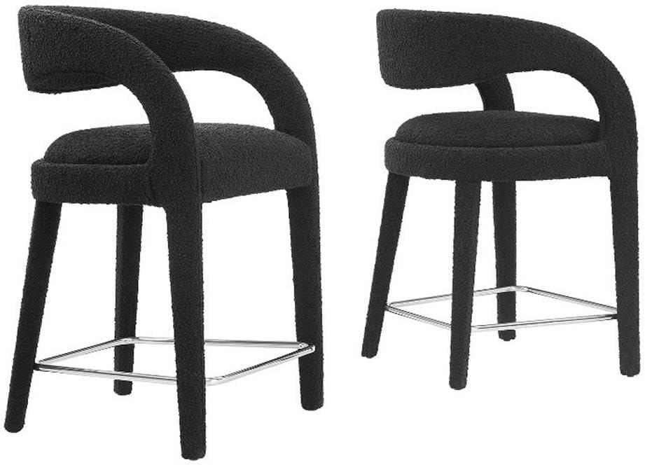 Black Boucle Upholstered Counter Stools with Metal Legs, Set of 2