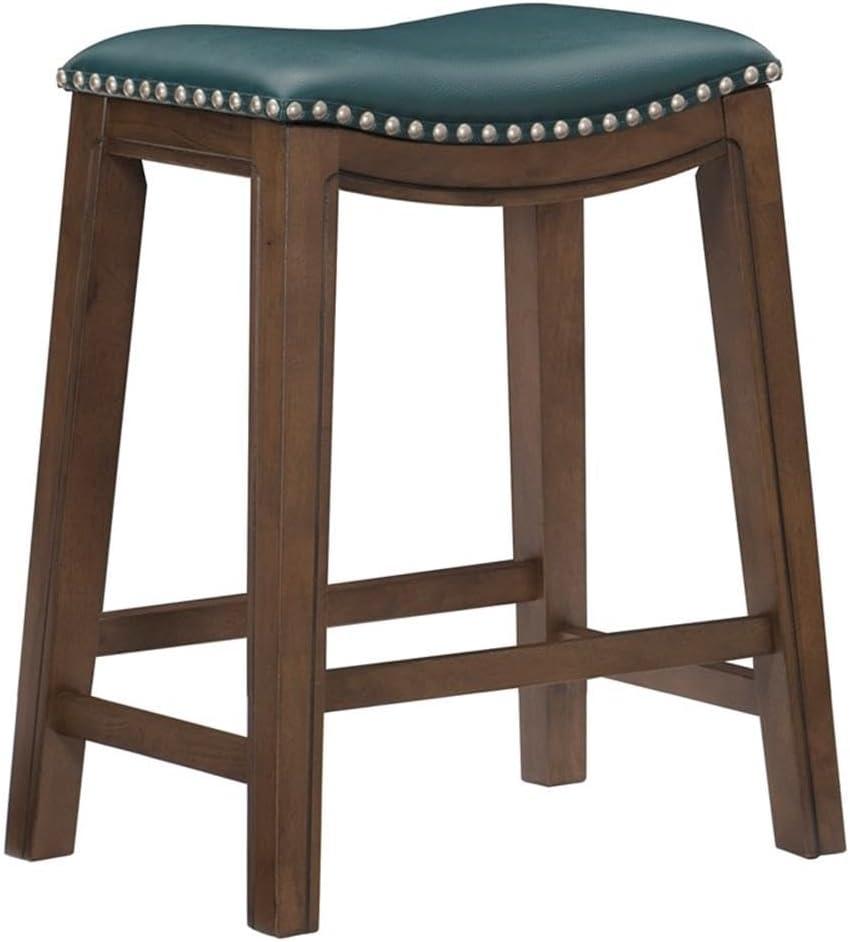 Contemporary Green Leather & Wood 26" Saddle Counter Stool