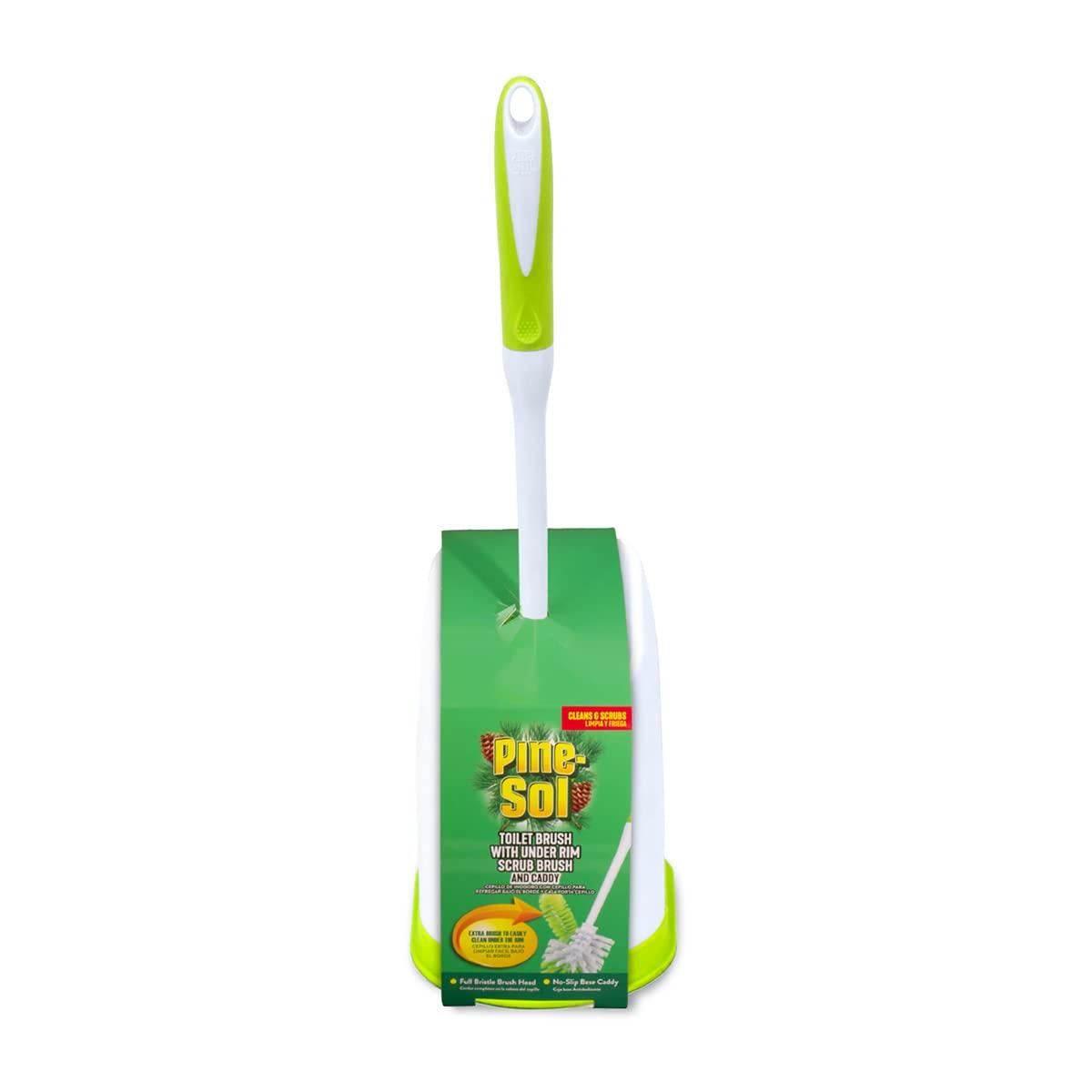 Pine-Sol Toilet Bowl Cleaner Brush with Holder | Heavy Duty Cleaning Wand with Under The Rim Scrubber, Non-Slip Handle, Storage Caddy | Bathroom Supplies, Yellow, Green