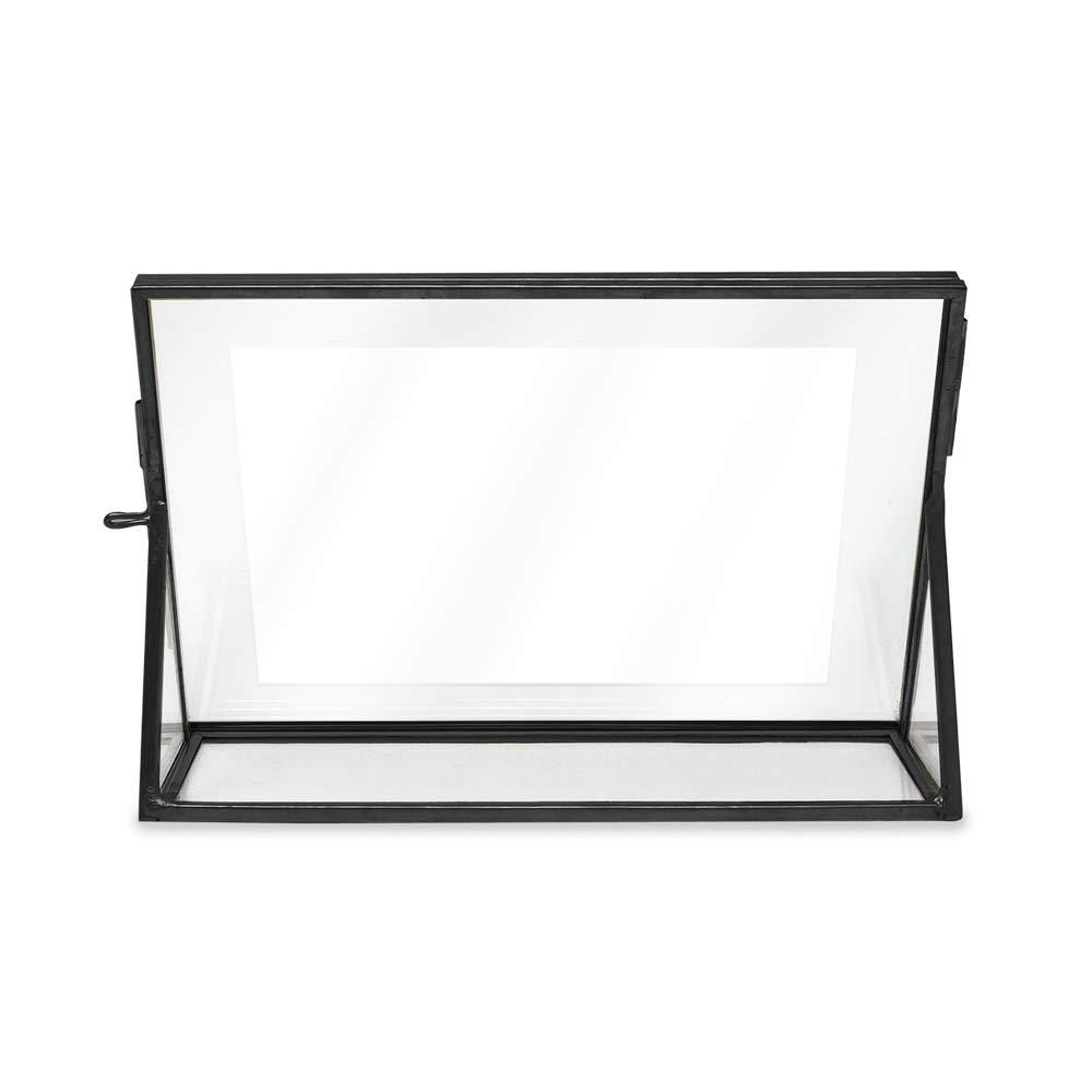 Isaac Jacobs 4x6, Black, Vintage Style Brass and Glass, Floating Photo Frame, Metal, Horizontal, with Locket Closure and Angled Base, for Pictures, Art, Mementos, Keepsakes 4x6, Black