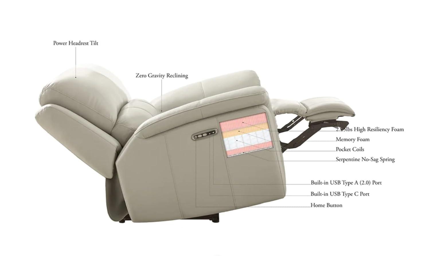 Hydeline Dream Power Headrest Top Grain Leather Zero Gravity Reclining Sofa Couch, 93", Steel Gray, Memory Foam, Pocket Coils and Control Panel