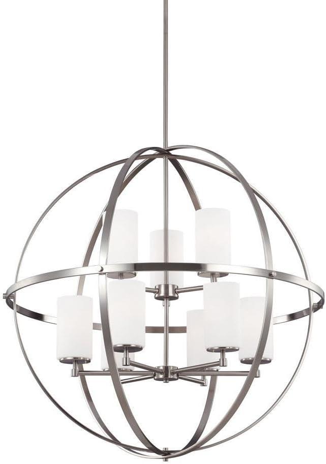 Brushed Nickel Nine-Light Chandelier with Etched Glass Shades