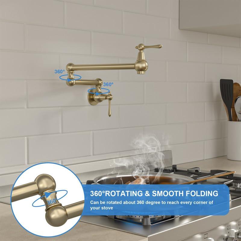 Pot Filler Faucet, Solid Brass Brushed Gold Single Cold Kitchen Faucet Wall Mounted Kitchen Pot Filler Faucet Double Joint Swing Arm Faucet