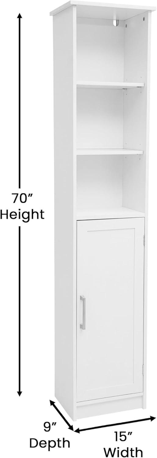 Flash Furniture Vega Freestanding Narrow Bathroom Linen Tower Storage Cabinet Organizer with Door, In-Cabinet Adjustable Shelf, and Upper Open Shelves