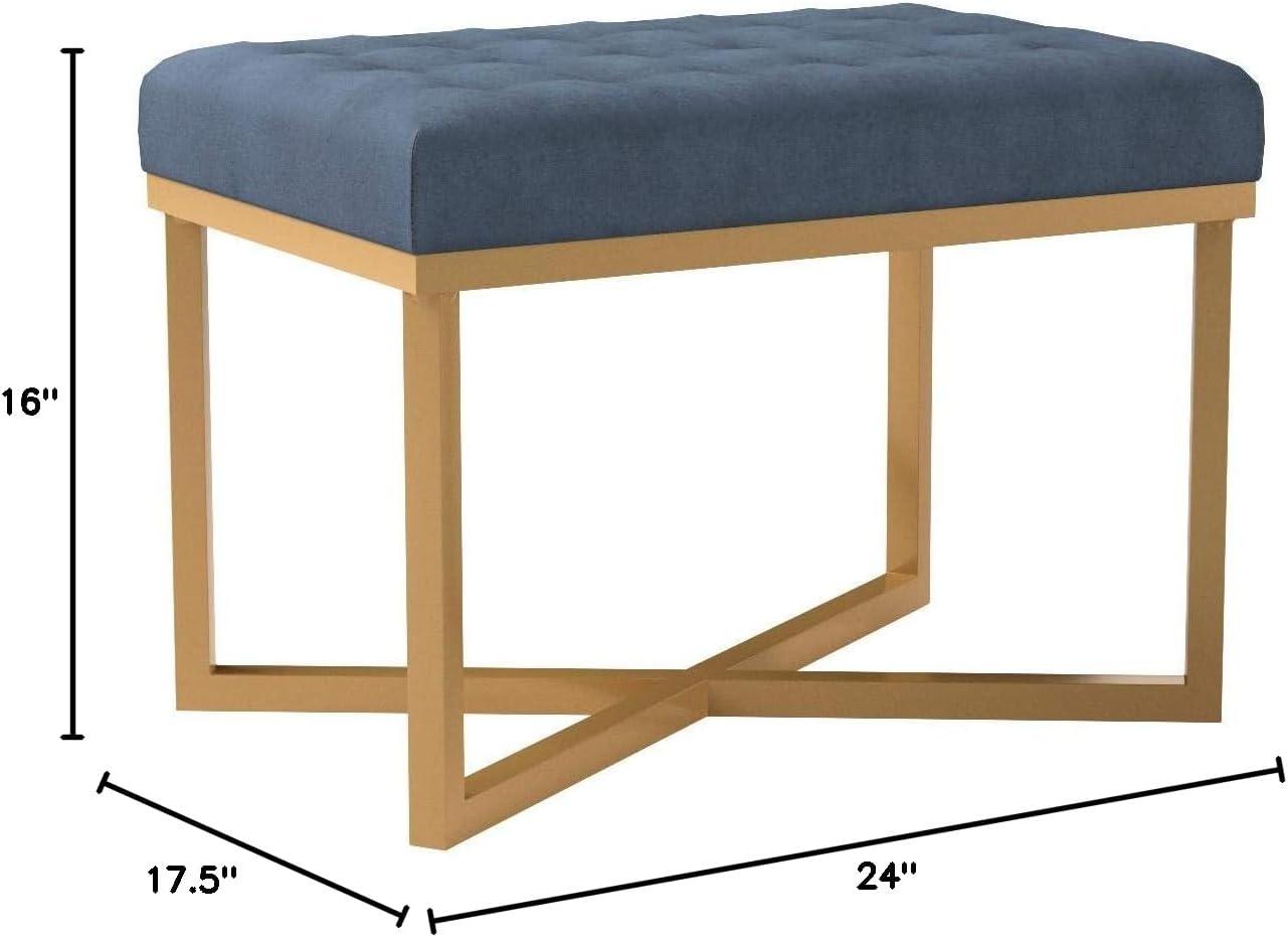 Blue Tufted Velvet Ottoman Bench with Gold Metal Base