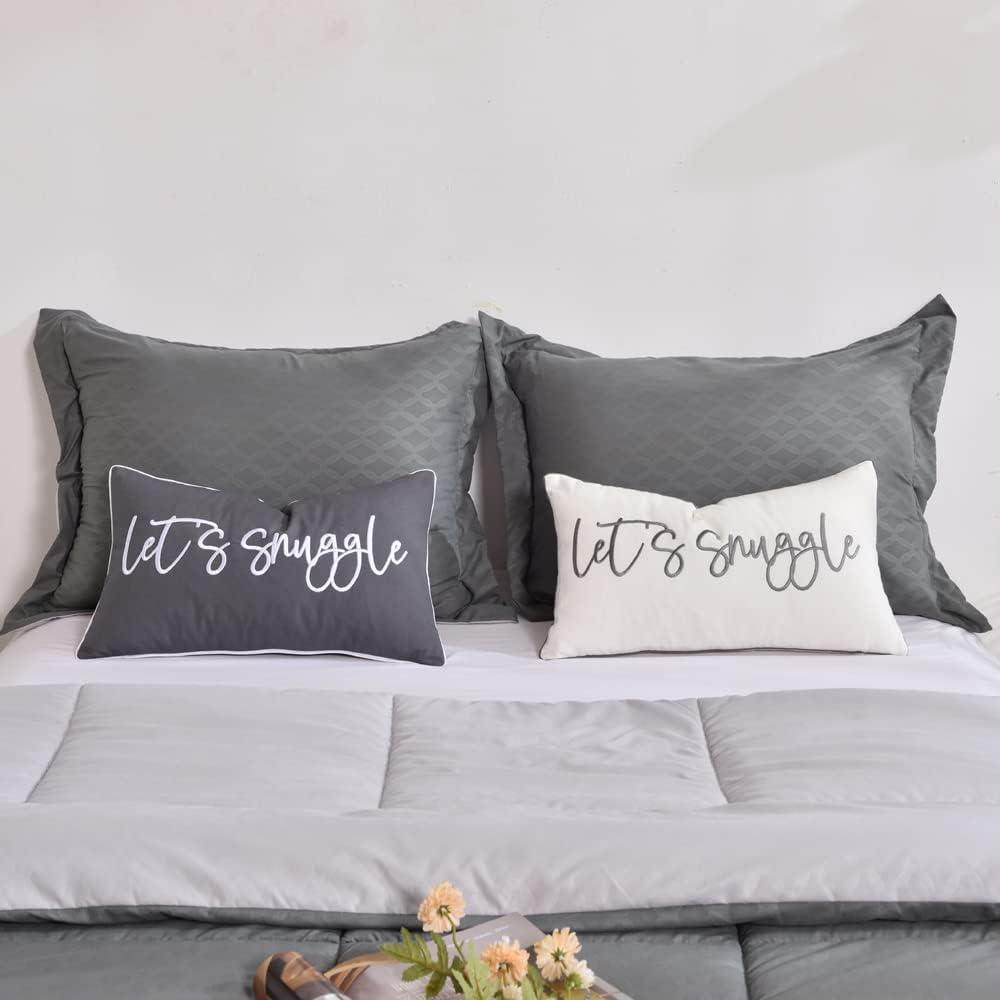 Sunkifover Let's Snuggle Decorative Lumbar Pillow Cover - 12x20 Inch White and Grey Cotton Embroidery Throw Pillowcase for Bed, Bedroom, Living Room, Home Decor