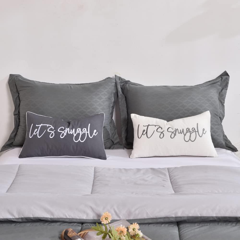 Sunkifover Let's Snuggle Decorative Lumbar Pillow Cover - 12x20 Inch White and Grey Cotton Embroidery Throw Pillowcase for Bed, Bedroom, Living Room, Home Decor