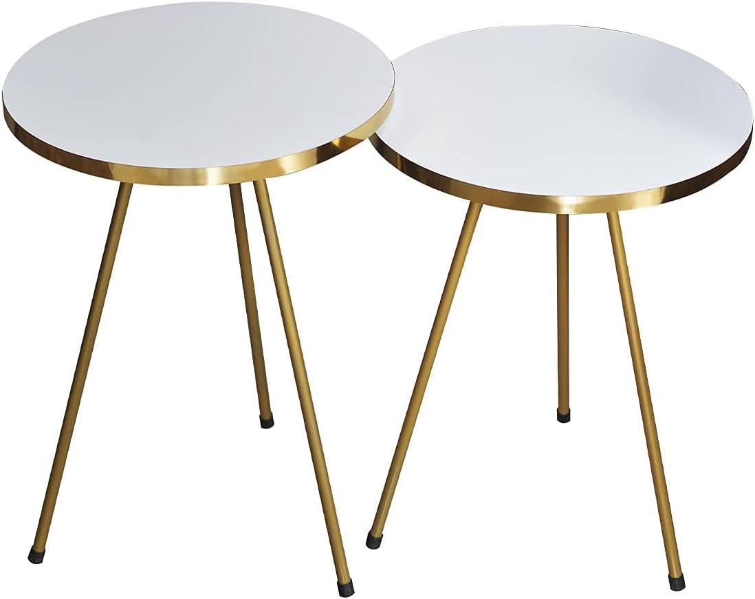 White and Gold Round Wood Metal End Table Set