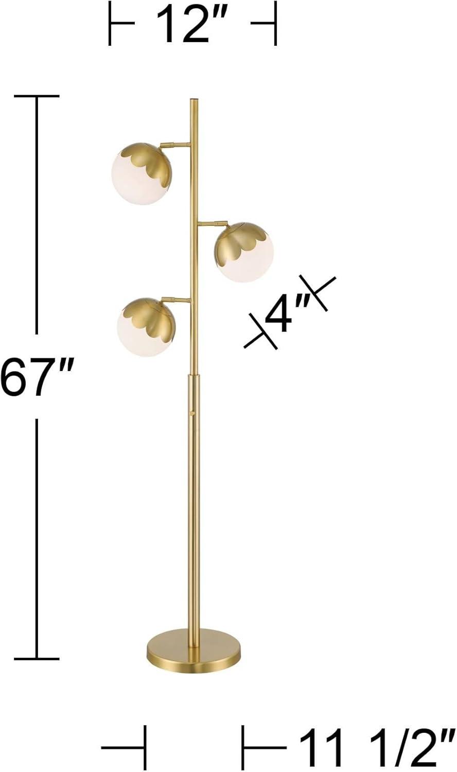 360 Lighting Kelowna Mid Century Modern 67" Tall Standing Floor Lamp Skinny Tree 3-Light Gold Metal Antique Brass Finish Living Room Globe White Shade