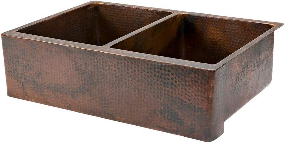 Premier Copper Products KA50DB33229 33" Hammered Copper Apron Front 50/50 Double Basin Kitchen Sink