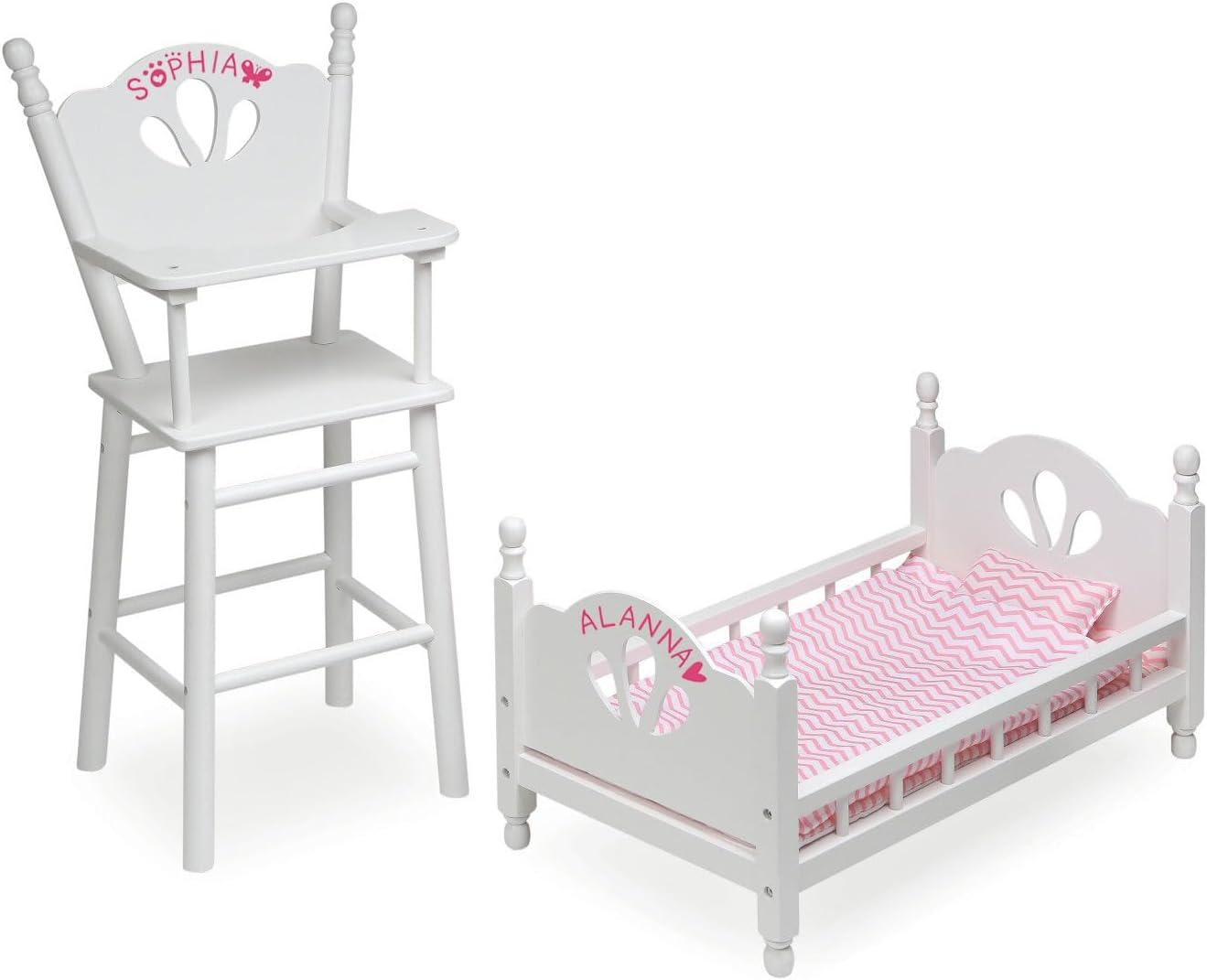 English Country Doll High Chair and Bed Set with Chevron Bedding - White/Pink
