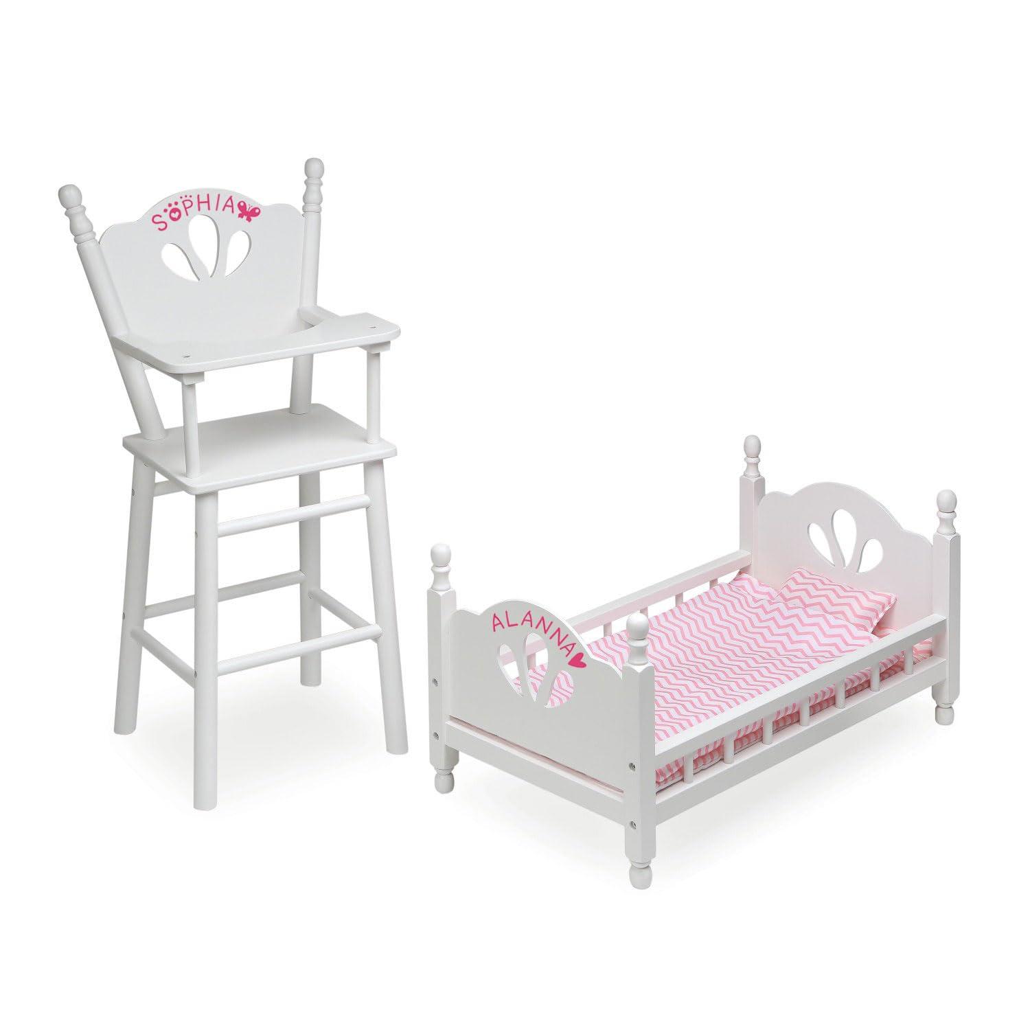 English Country Doll High Chair and Bed Set with Chevron Bedding - White/Pink