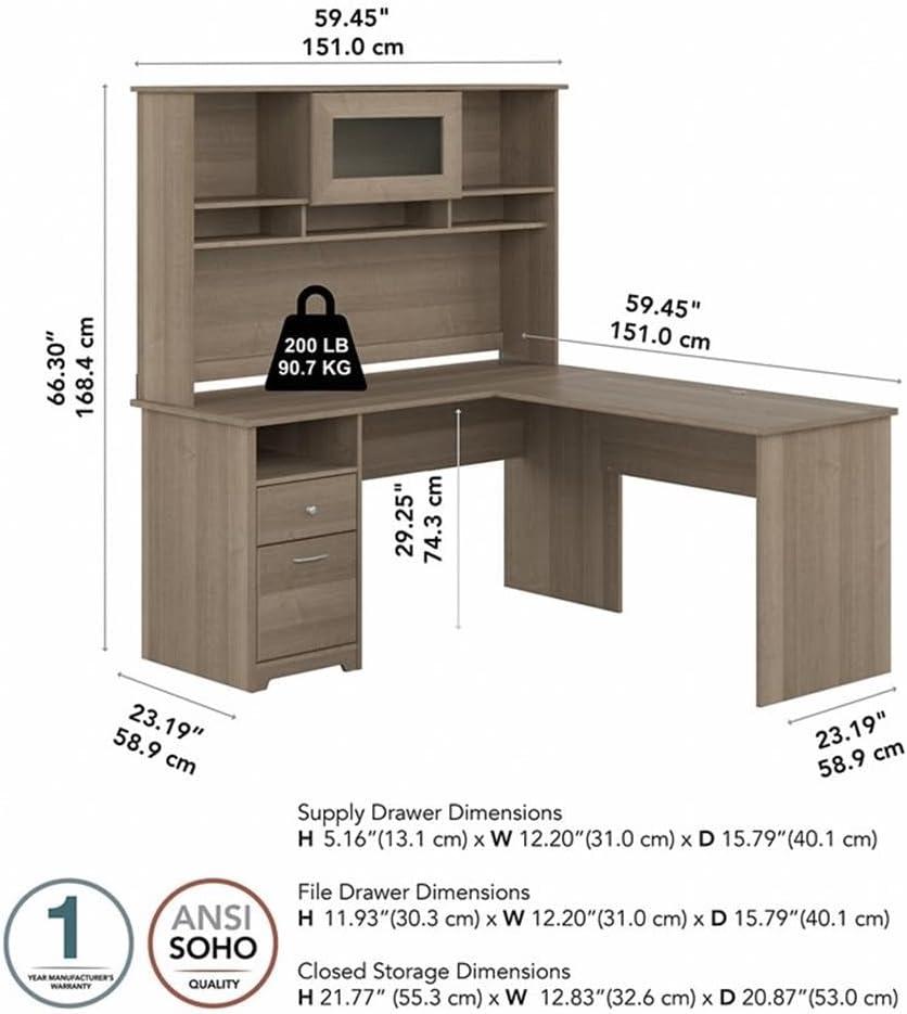 Cabot 60W L Shaped Computer Desk with Hutch in Ash Gray - Engineered Wood