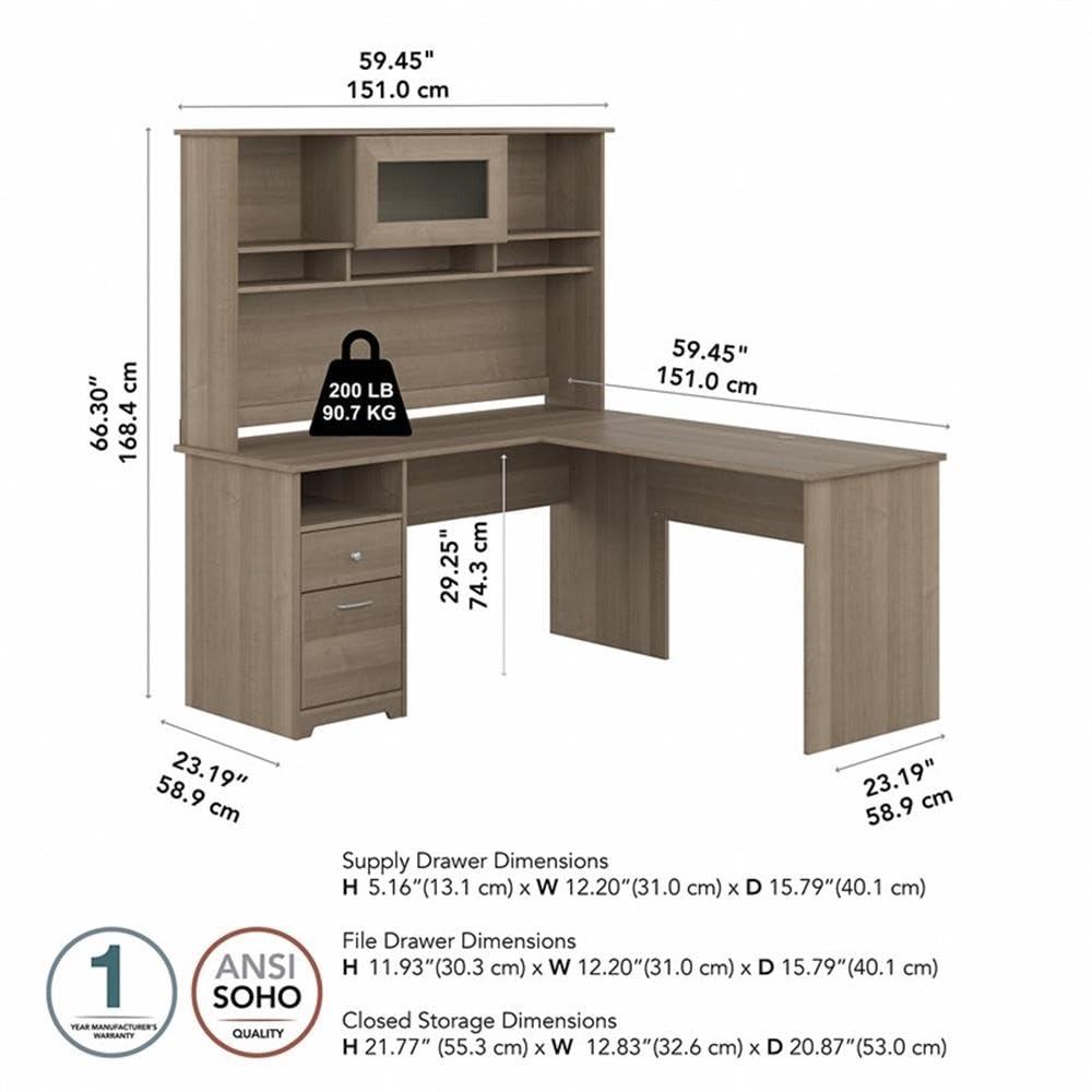 Cabot 60W L Shaped Computer Desk with Hutch in Ash Gray - Engineered Wood