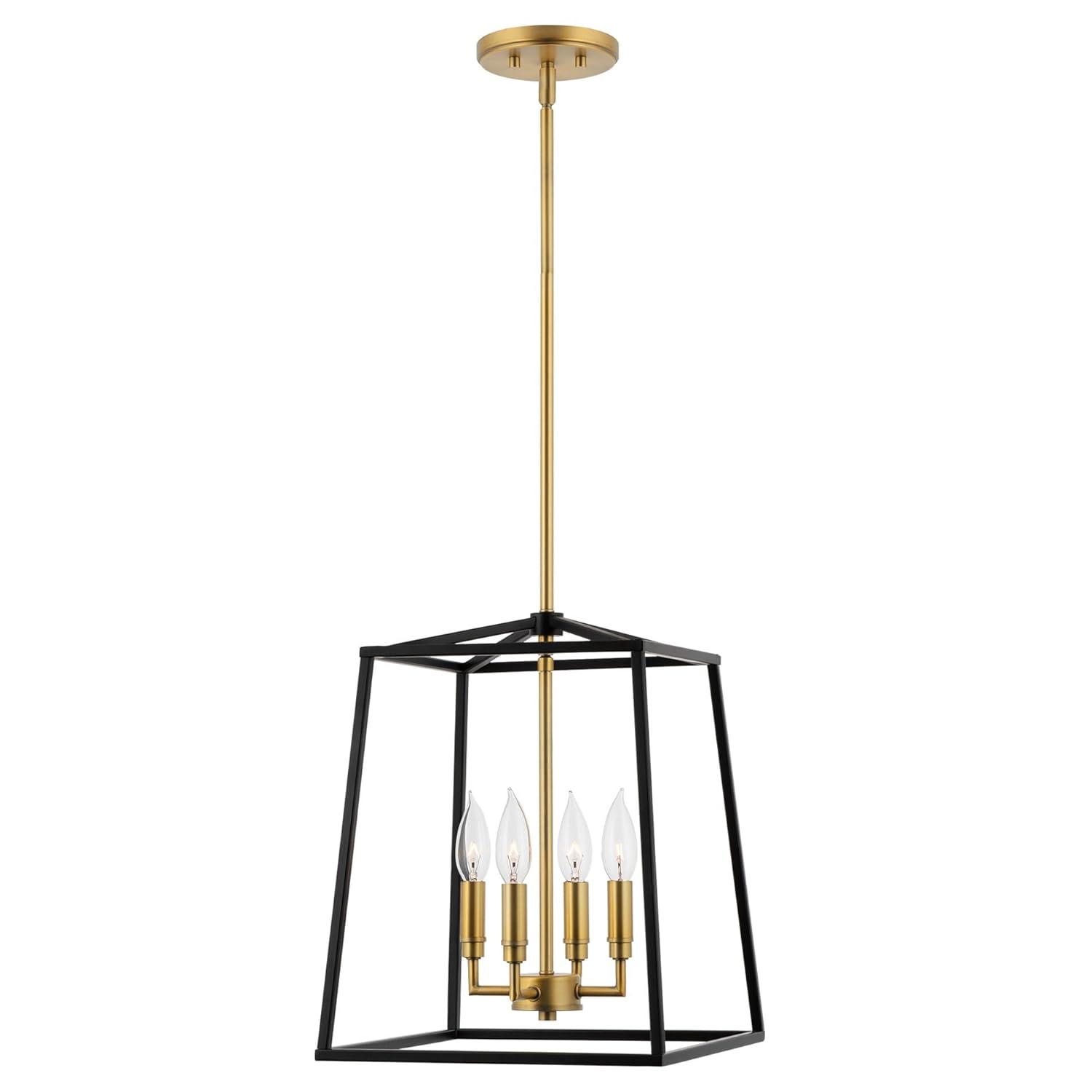 Kira Home Bellevue 16" 4-Light Farmhouse Lantern Pendant Light, Adjustable Foyer Chandelier, Warm Brass Accents + Black