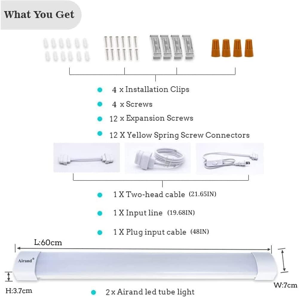 Airand Utility LED Light with Plug 2PCS Linkable Fixture 2FT 4FT Water-Proof Tube Light 5000K Under Cabinet Lighting,LED Closet Lights 18W for Workbench Kitchen Garage Workshop