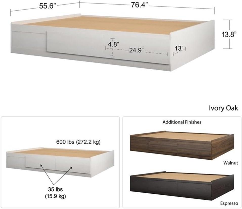 Ivory Oak Full Platform Bed with Storage Drawers