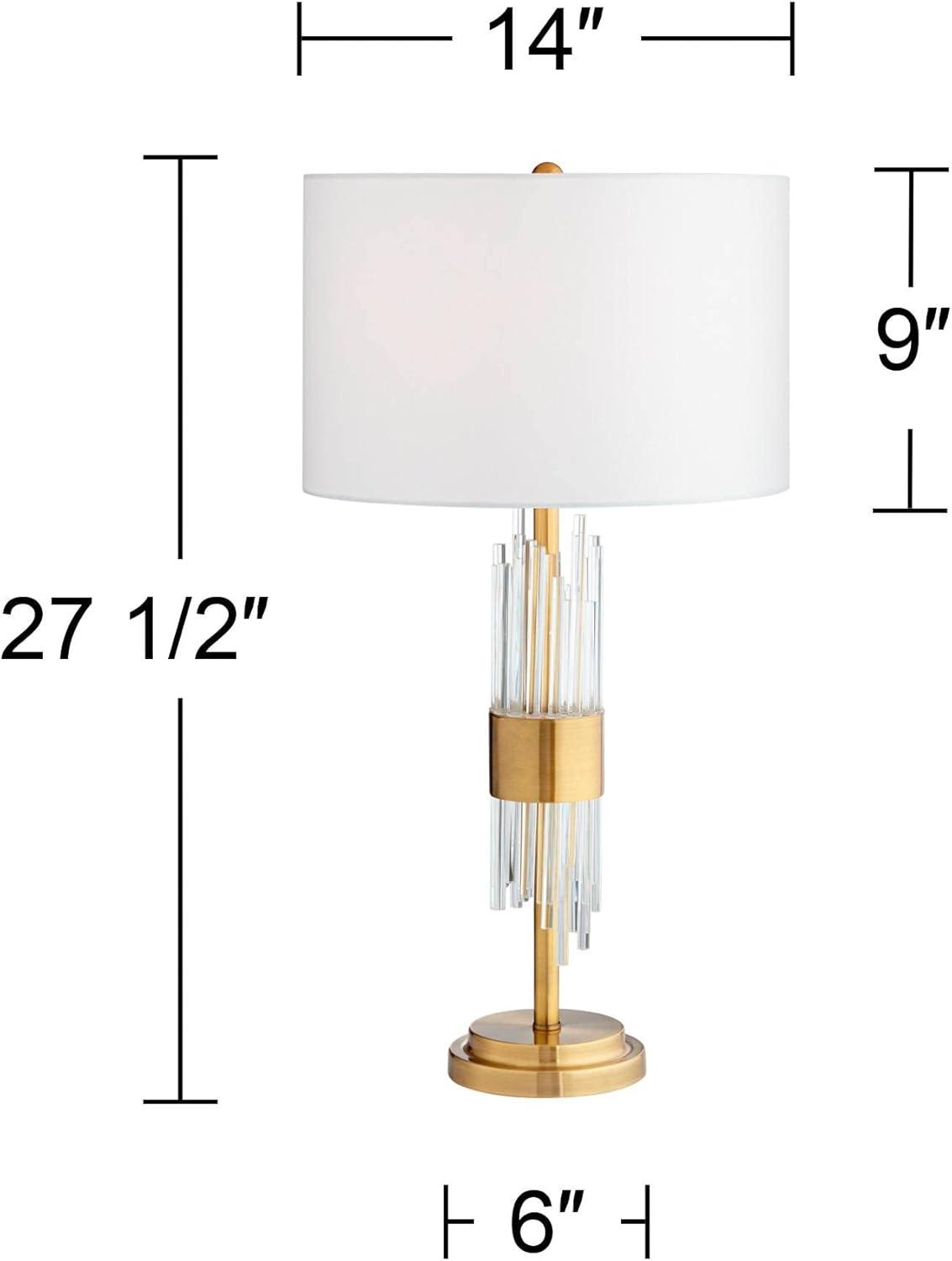 Aloise Mid Century Modern Glam Luxury Table Lamp 27.5" Tall Brass Metal Clear Glass Tube White Drum Shade Decor for Living Room Bedroom House Bedside Nightstand Home Office