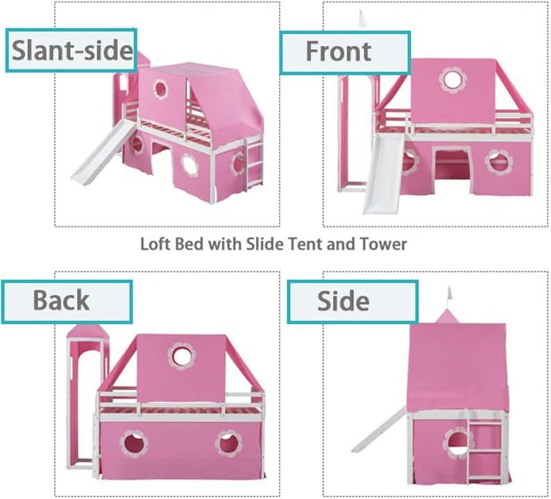 Polibi Full Size Castle Loft Bed with Slide & Pink Tent and Tower, Playhouse Design Spacious Under Bed Space with Curtains, Wood Tent Bed Frame for Kids Boys Girls