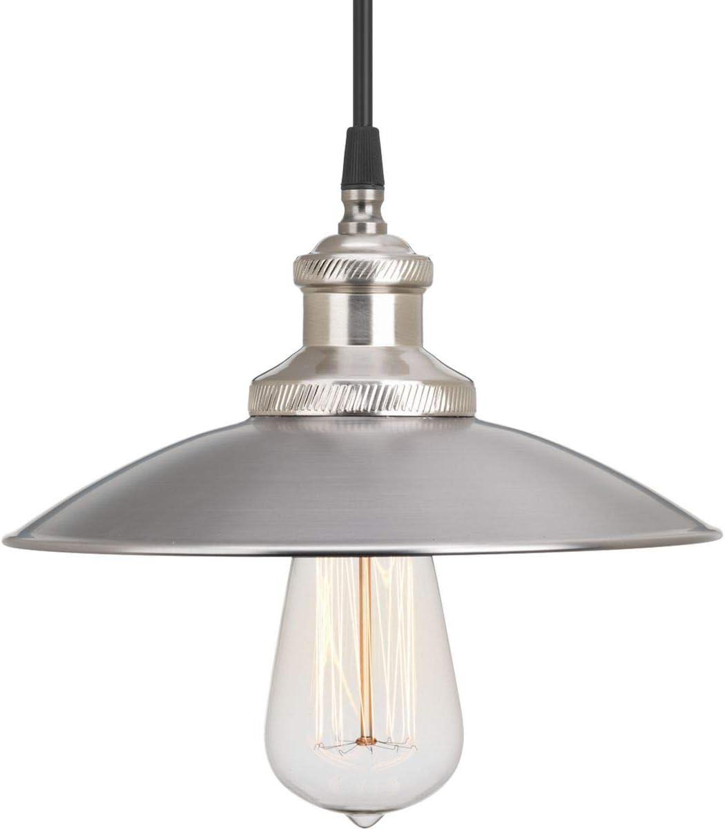 Progress Lighting Archives 1-Light Mini-Pendant, Antique Nickel, Black Cloth Cord, Natural Brass Accents, Shade Included