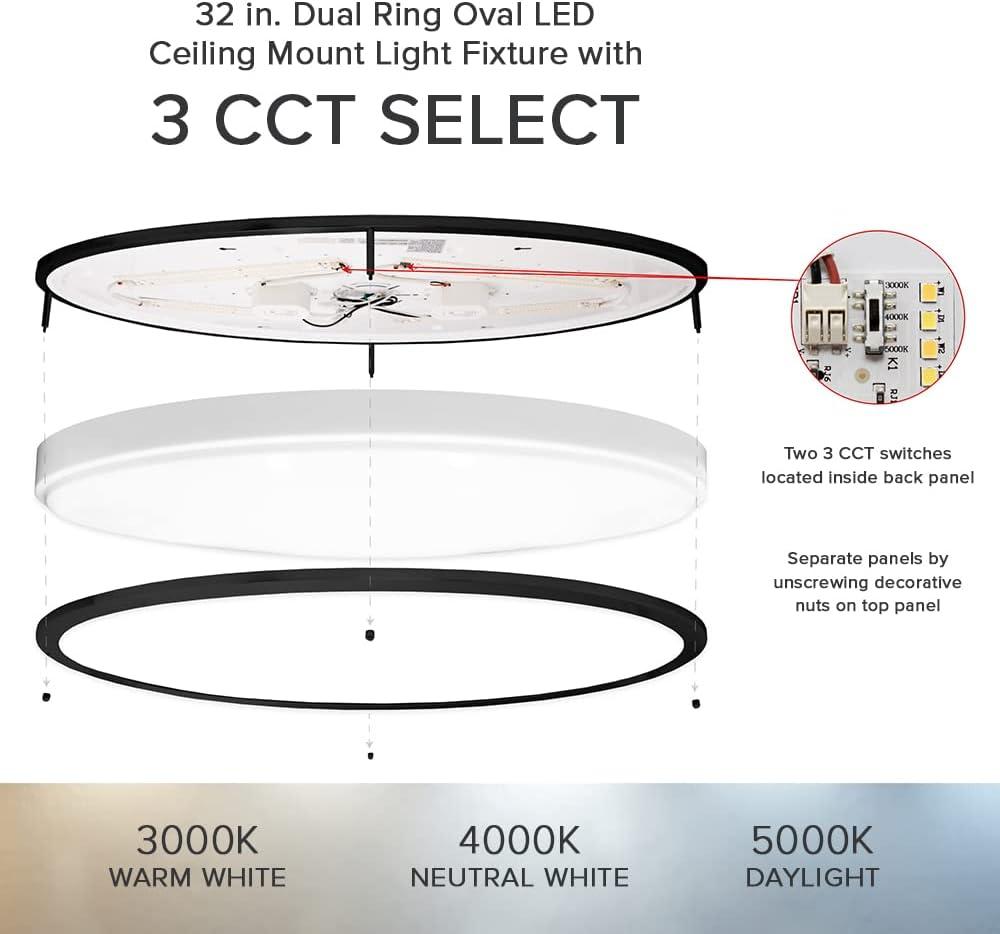 Maxxima 32” 3 CCT Oval Black LED Ceiling Mount Light Fixture, 3000K-5000K, Dimmable