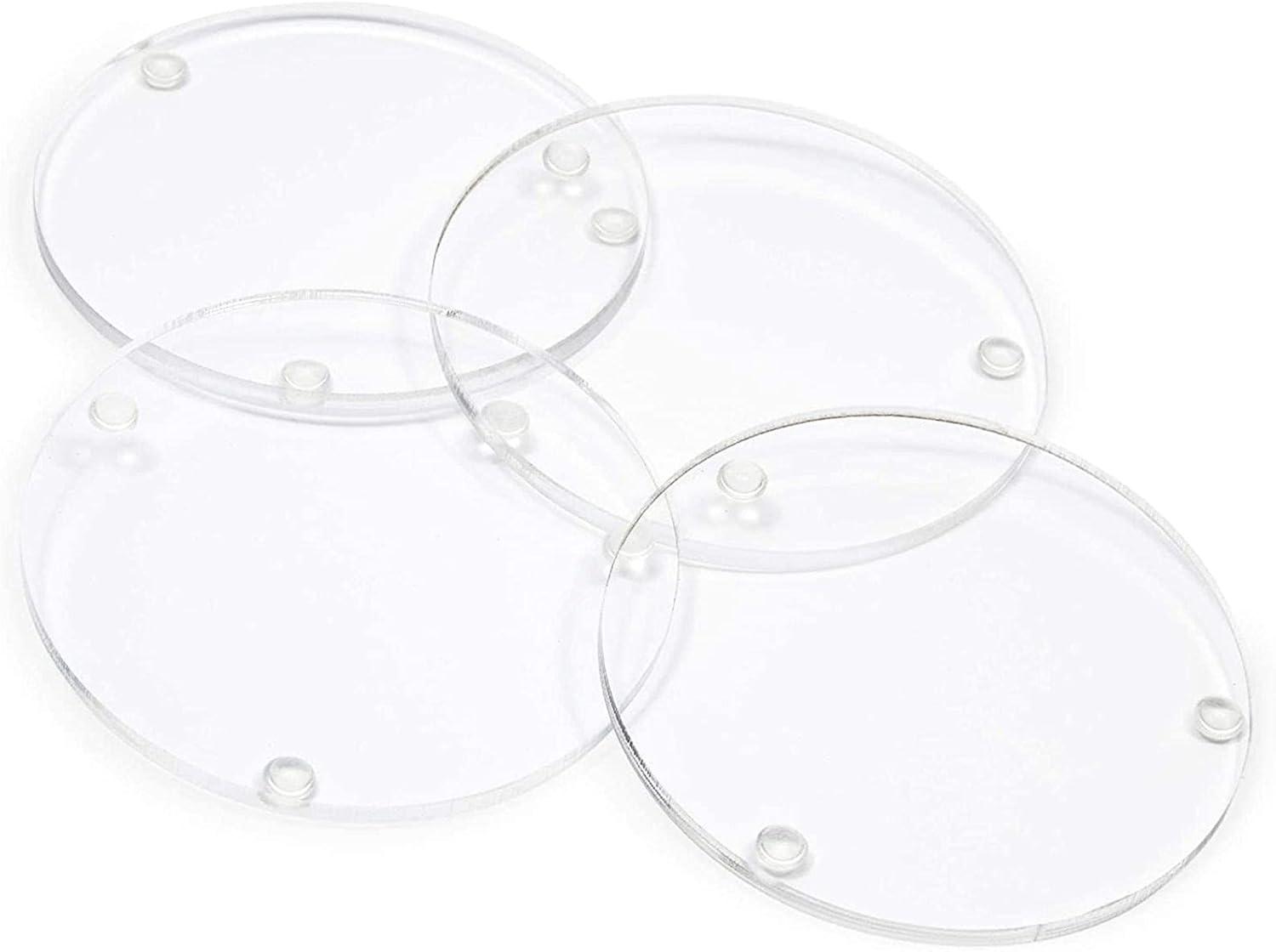 Juvale Set of 4 Clear Blank Acrylic Drink Coasters with Stand Holder, Round 4 inch