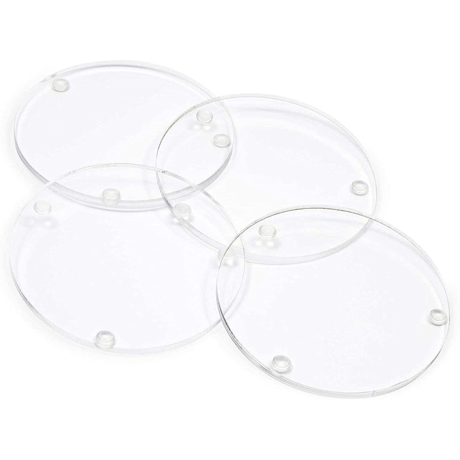 Juvale Set of 4 Clear Blank Acrylic Drink Coasters with Stand Holder, Round 4 inch