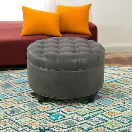 Large Tufted Round Storage Ottoman Faux Leather Gray - HomePop: Modern Upholstered Bench with Hardwood Frame