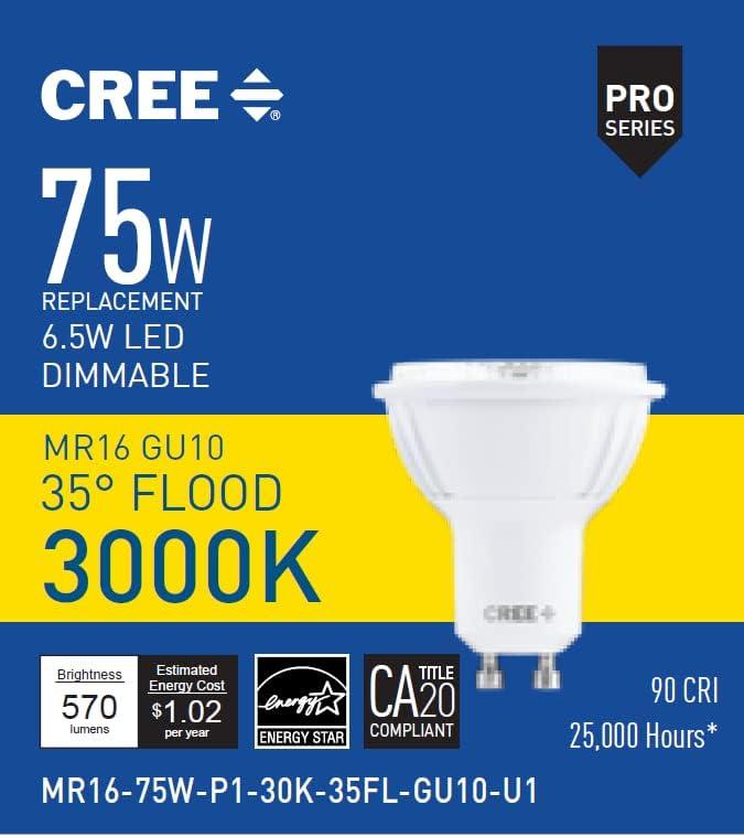 Cree Lighting Pro Series MR16 GU10 75W Equivalent LED Bulb, 35 Degree Flood, 570 lumens, Dimmable, Bright White 3000K, 25,000 hour rated life, 90+ CRI | 1-Pack