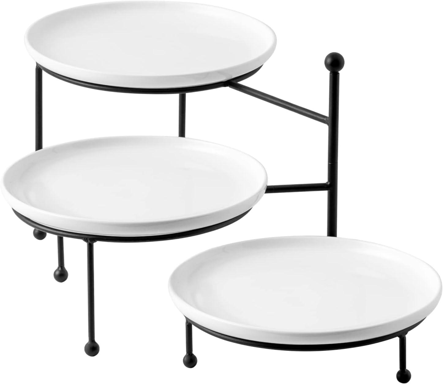 White Ceramic 3-Tier Round Serving Stand with Black Metal Frame