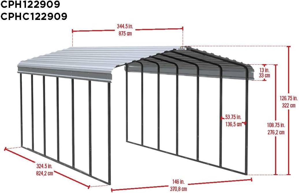 Arrow Carports Galvanized Steel Carport, Full-Size Metal Carport Kit, 12' x 29' x 9', Charcoal