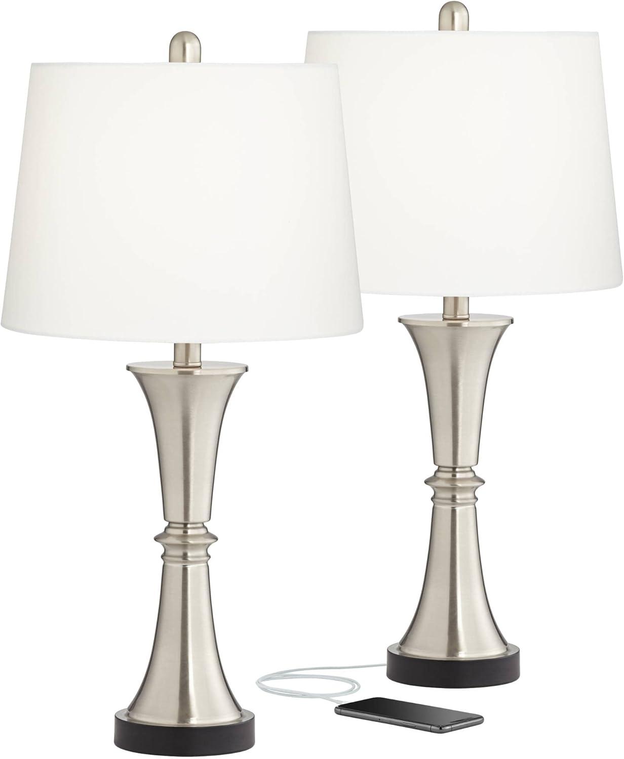 360 Lighting Seymore Modern Table Lamps 26" High Set of 2 Silver with USB Charging Port LED Touch On Off White Drum Shade for Bedroom Living Room Desk