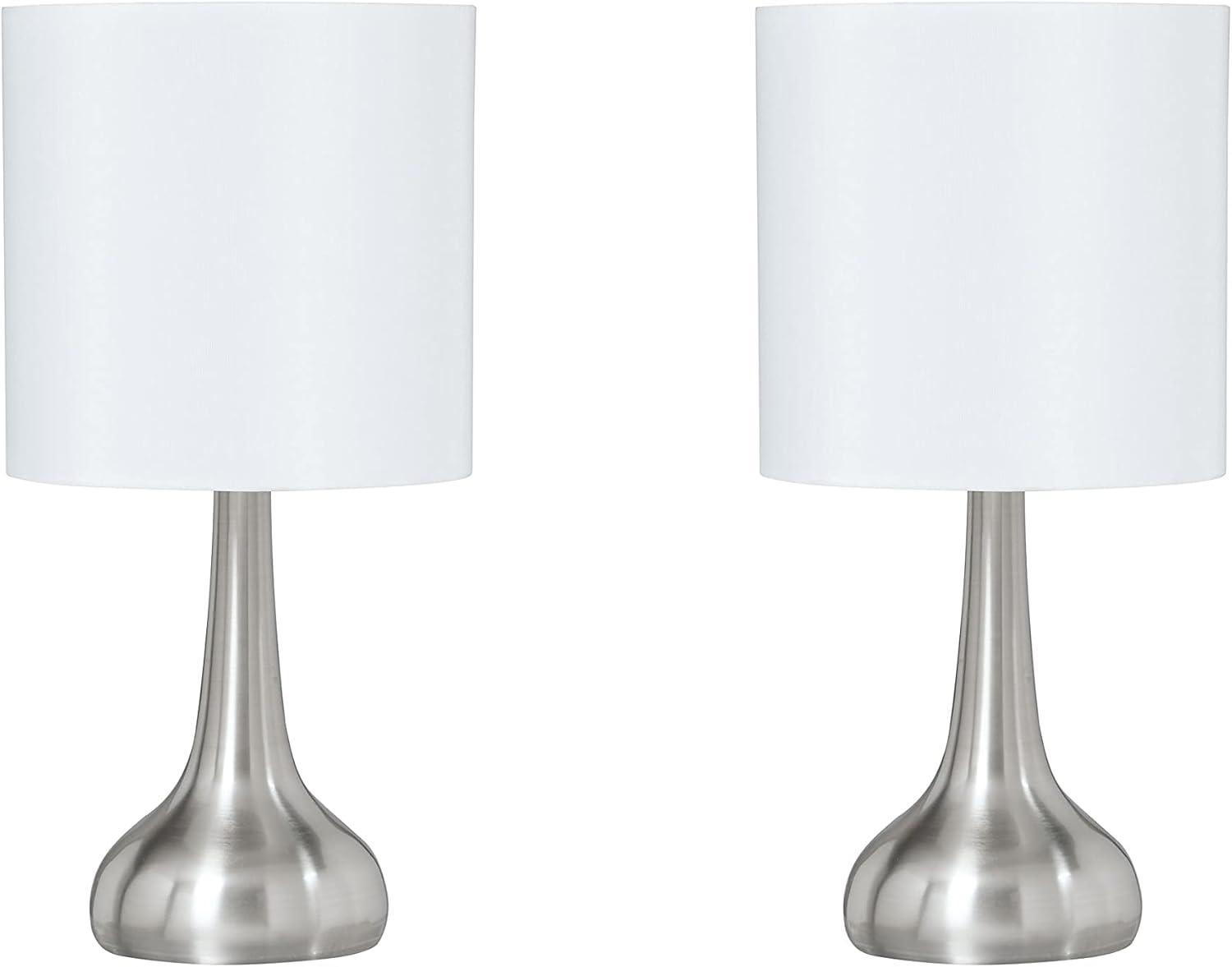 Aspen Creative 40231-12, Two Pack - 14-1/2" High Transitional Metal Table Lamp, Satin Nickel Finish and Drum Shaped Lamp Shade in Off White, 7" Wide