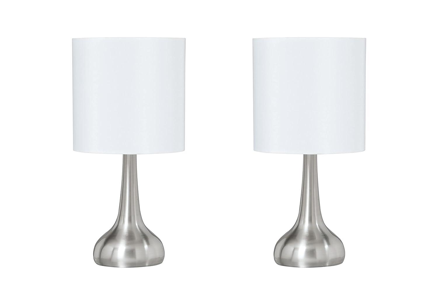Aspen Creative 40231-12, Two Pack - 14-1/2" High Transitional Metal Table Lamp, Satin Nickel Finish and Drum Shaped Lamp Shade in Off White, 7" Wide