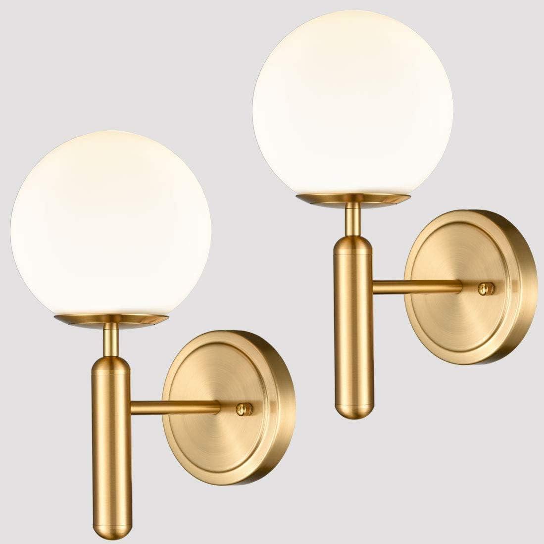 Gold Wall Sconce Set of 2 Globe Glass Wall Light Fixtures Bathroom Vanity Light Mid-Century Modern Wall Sconce Lamp with Frosted Glass Shade for Hallway Bedroom Living Room