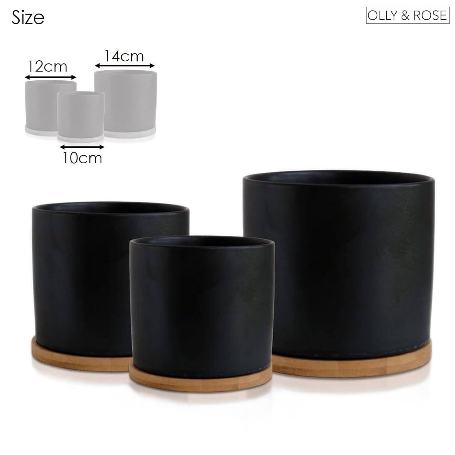 Olly & Rose Black Set 3 Ceramic Plant Pots with Bamboo Coasters Indoor Planters with Saucers