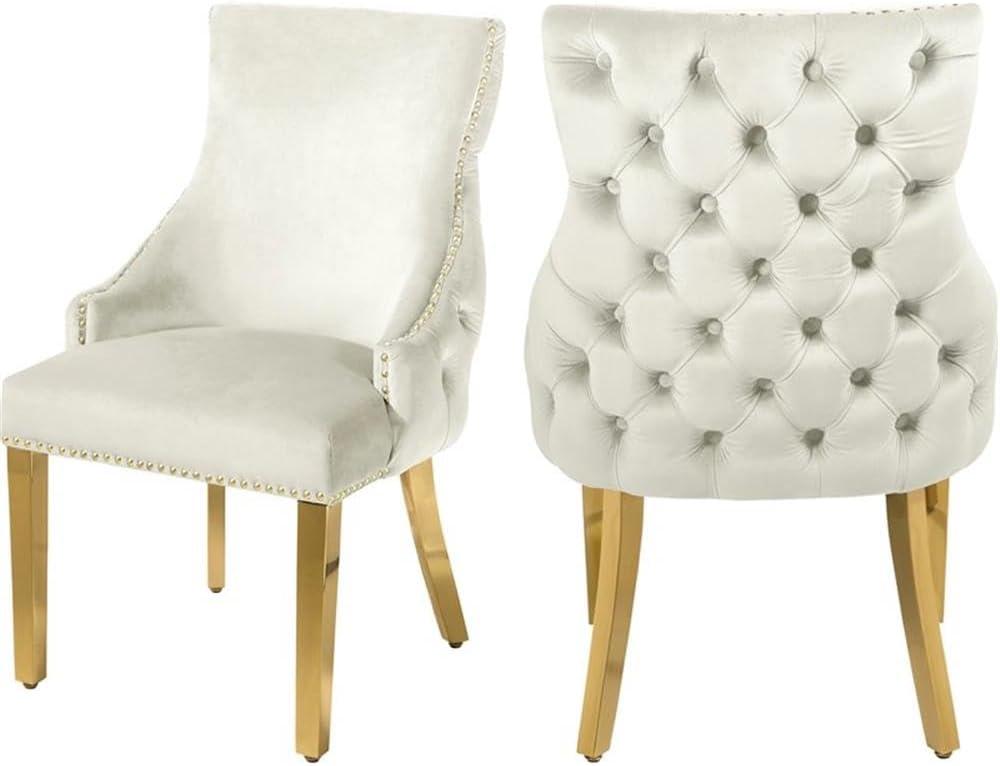 Meridian Furniture Tuft Cream Velvet Dining Chair in Gold Finish (Set of 2)