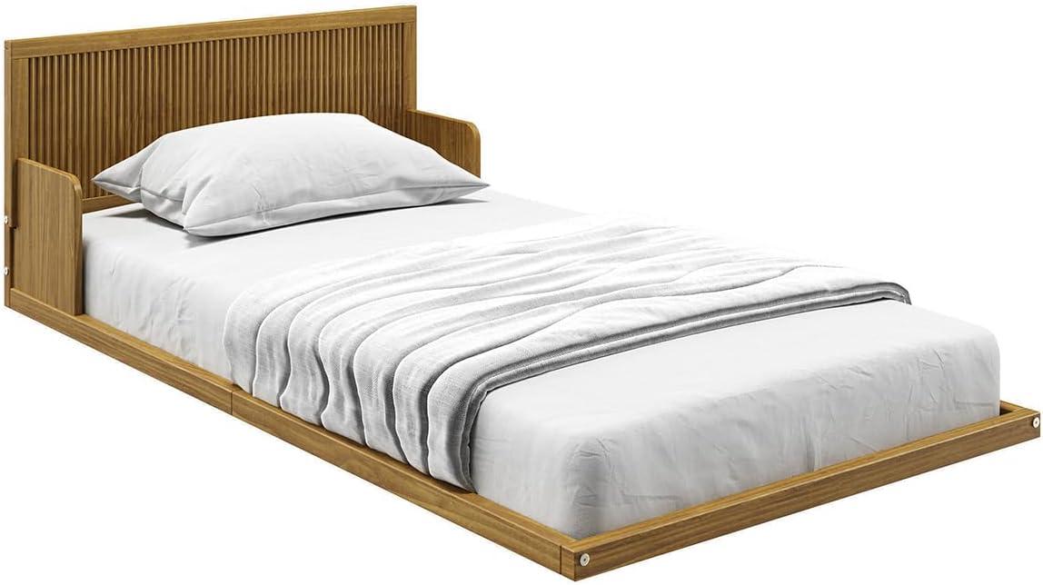 Natural Oak Twin Pine Wood Floor Bed with Headboard