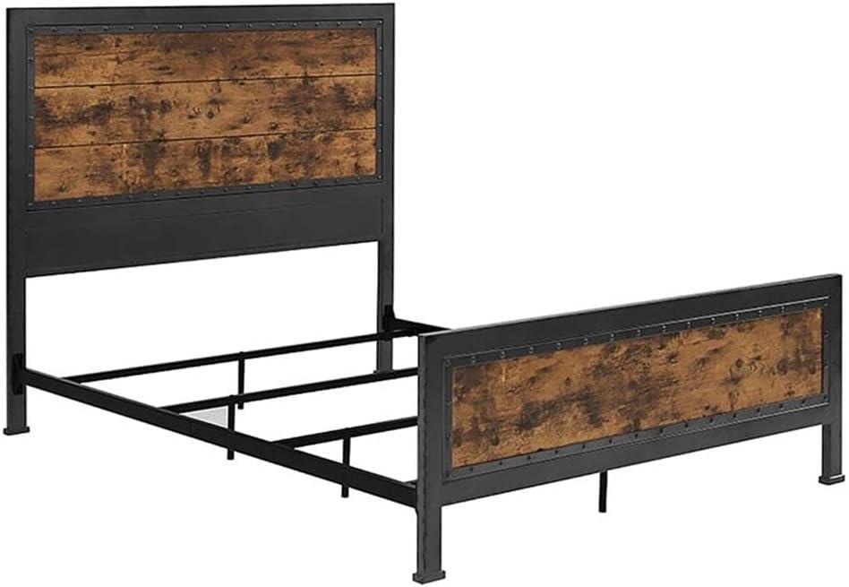 Rustic Industrial Queen Bed with Wood Headboard and Nailhead Trim