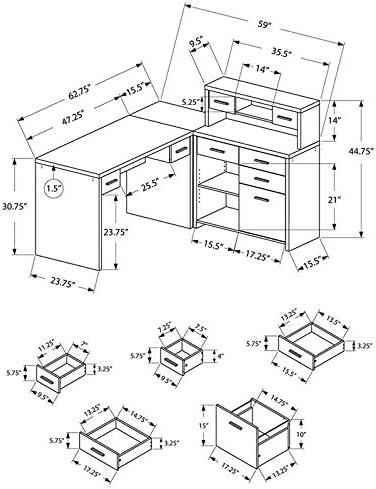 Monarch Specialties Computer Desk L-Shaped Corner Hutch 8 Drawers 3 Cubbies Reversible, 63"L X 59"W