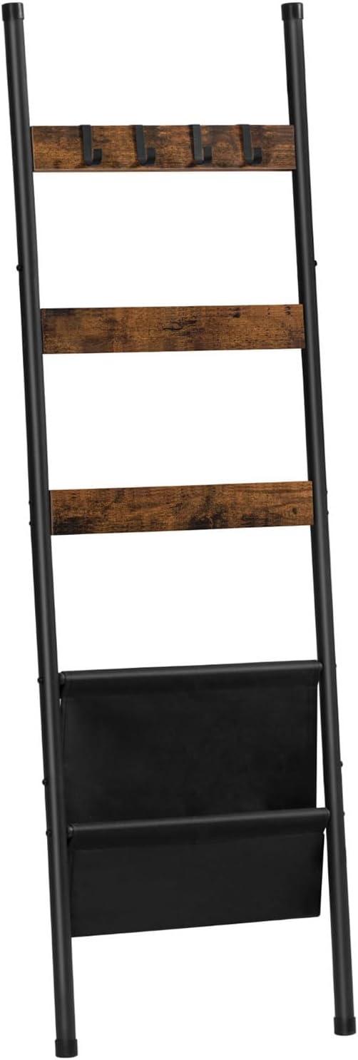 Blanket Ladder, 5-Tier Towel Rack with Hooks, Wall-Leaning Blanket Rack, Decorative Display Ladder Shelf, Scarves, Industrial, Living Room, Bedroom, Rustic Brown and Black BF52CJ01