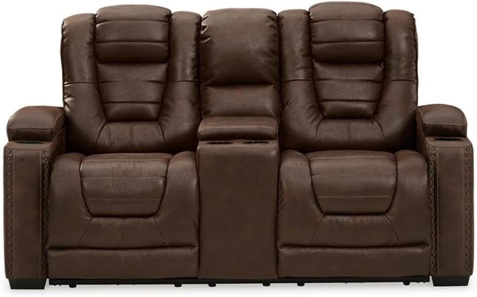 Ashley Furniture Owner's Box Faux Leather Power Reclining Loveseat in Dark Brown