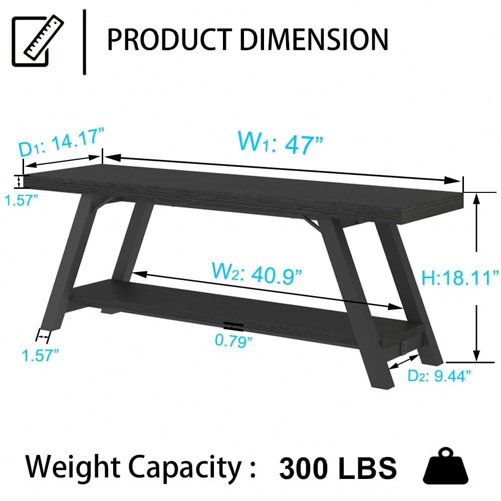 LVB Black Bench, Modern Storage Bench for Bedroom, Wood Metal Entryway Bench for Hallway Dining Living Room, Famrhouse Shoe Rack Indoor Accent Seating Benchs for Foyer Entrance, Black Oak 47 Inch Long